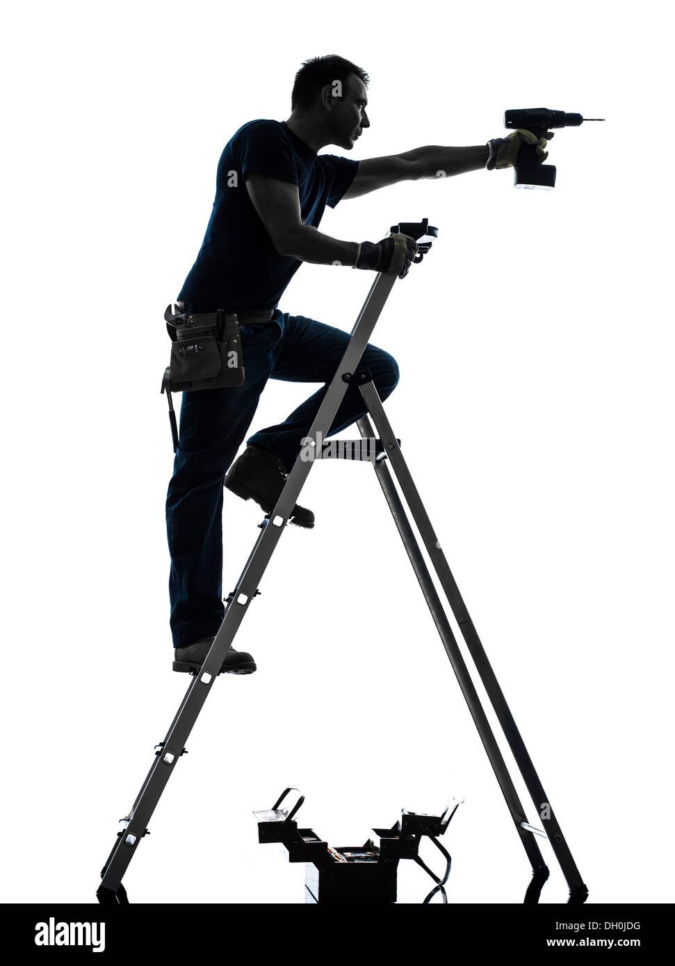 ein Arbeiter-Mann auf Leiter Bohren in Silhouette auf weißem Hintergrund  Stockfotografie - Alamy