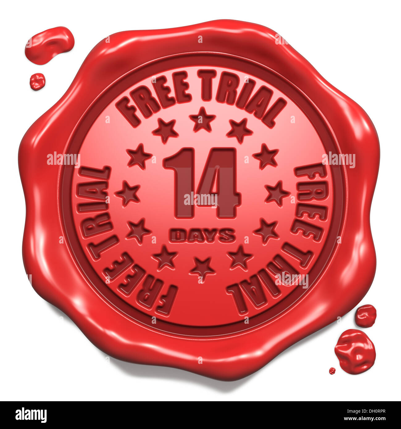 Kostenlose Testversion 14 Tage - Stempel auf Siegel aus rotem Wachs. Stockfoto