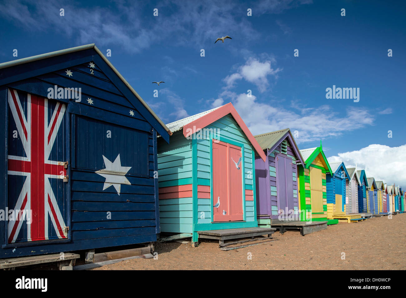 Bunte Strandhütten am Strand von Brighton, Brighton Beach, Australien Stockfoto