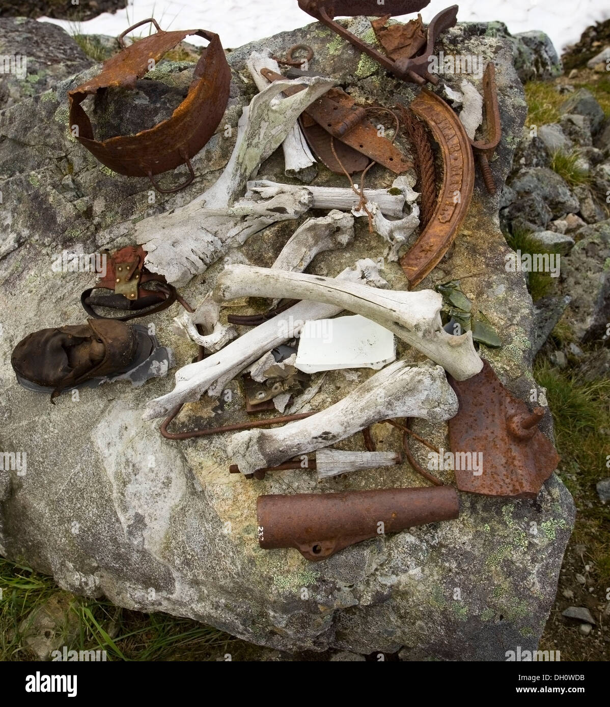 Historische Artefakte, Knochen, Werkzeuge, Chilkoot Trail, Pass, Klondike Gold Rush National Historical Park, Alaska, USA Stockfoto