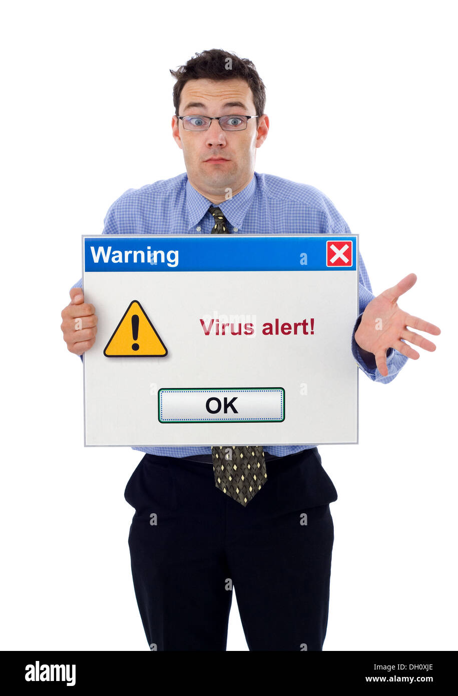 Verwirrten Mann über eine Viruswarnung (Dialogfeld große Computer-Software) Stockfoto