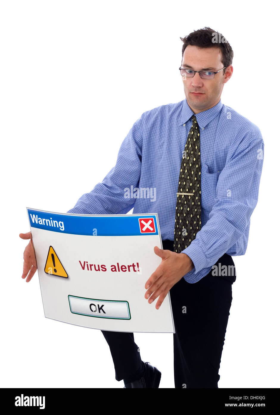 Mann verbiegen eine Viruswarnung (Dialogfeld große Computer-Software) Stockfoto