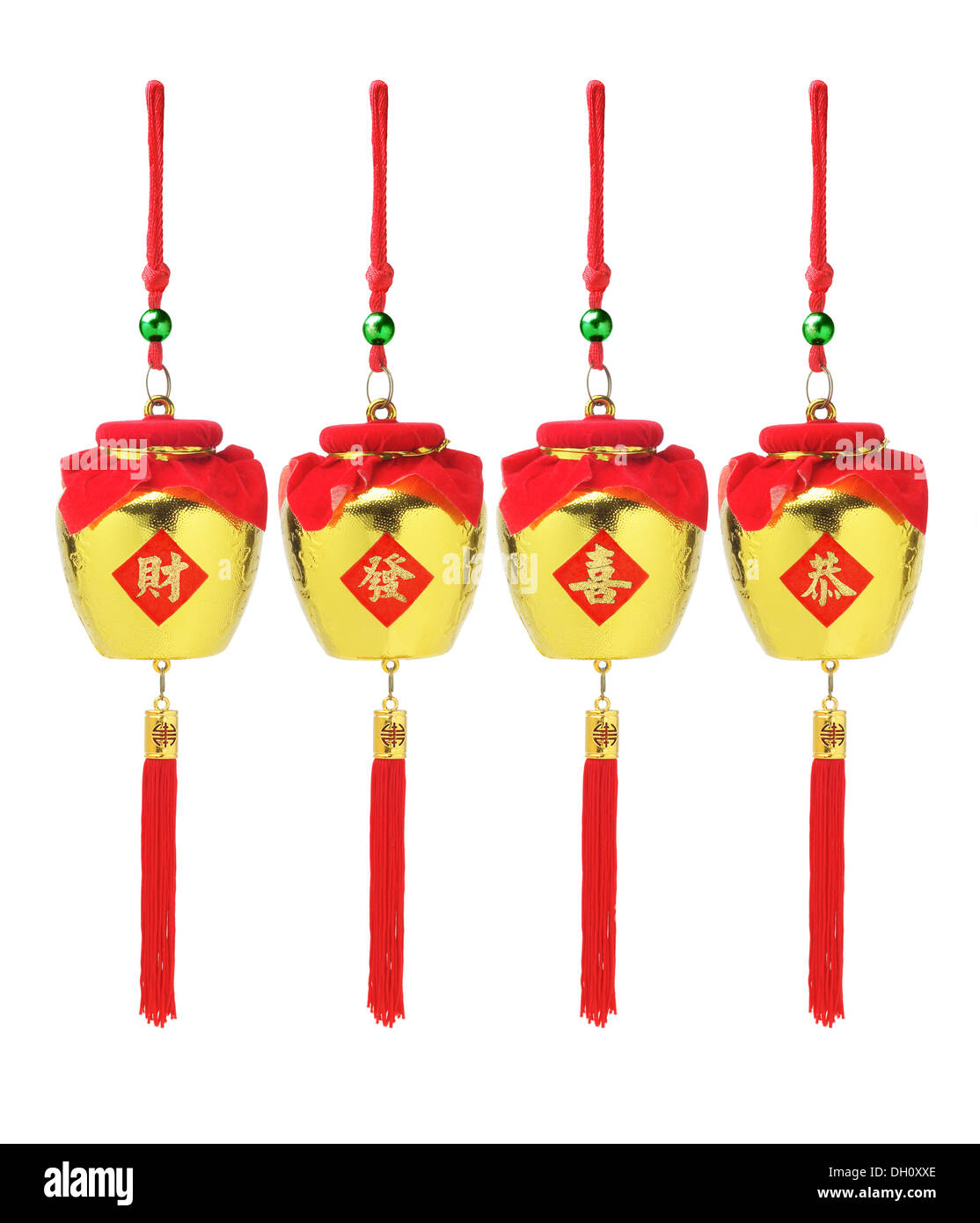 Chinese New Year verheißungsvollen goldenen Töpfe Ornamente mit Weihnachtsgrüßen-Reichtum und Wohlstand Stockfoto