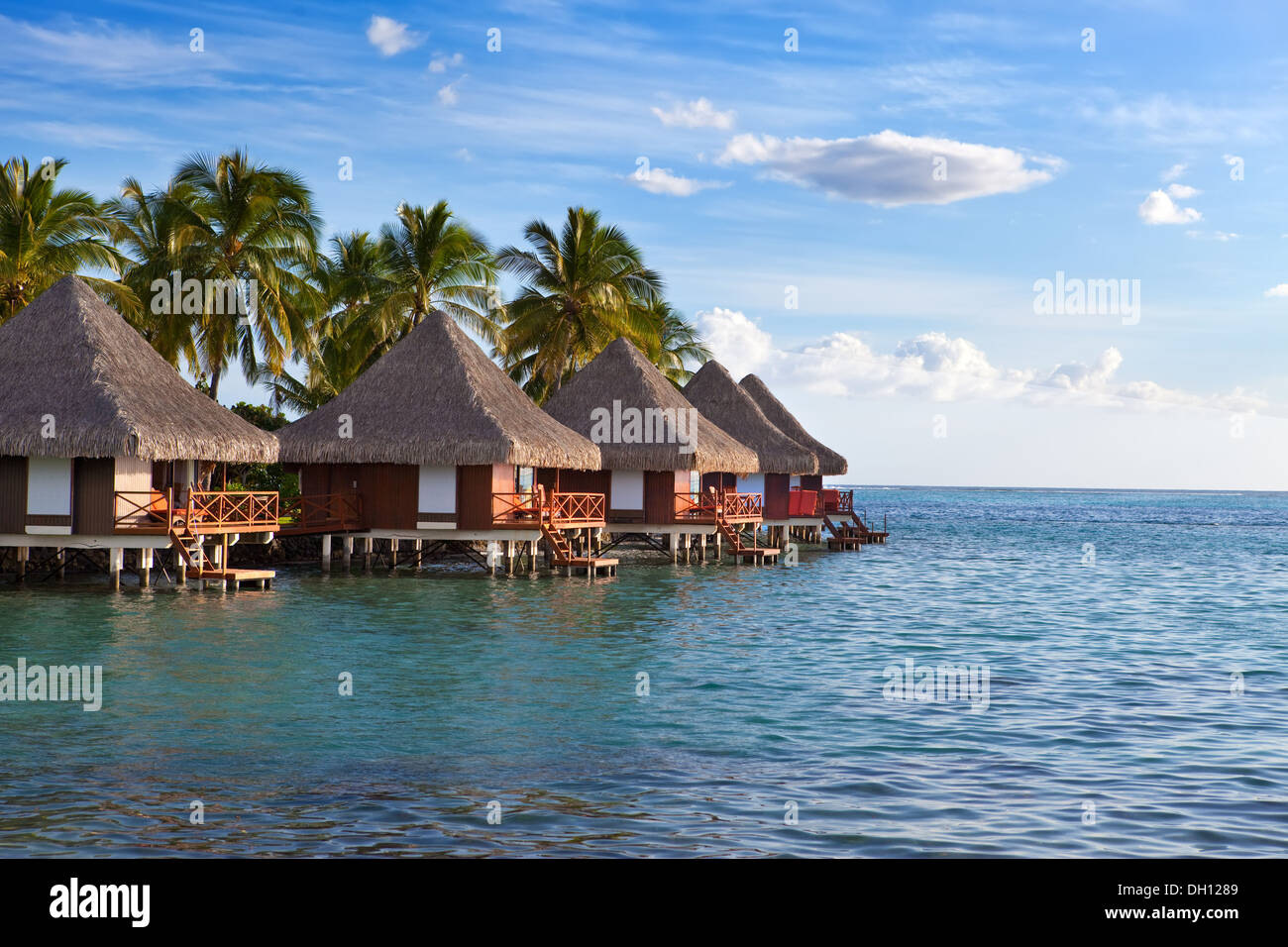 Seeküste mit Palmen und kleinen Häusern Stockfoto