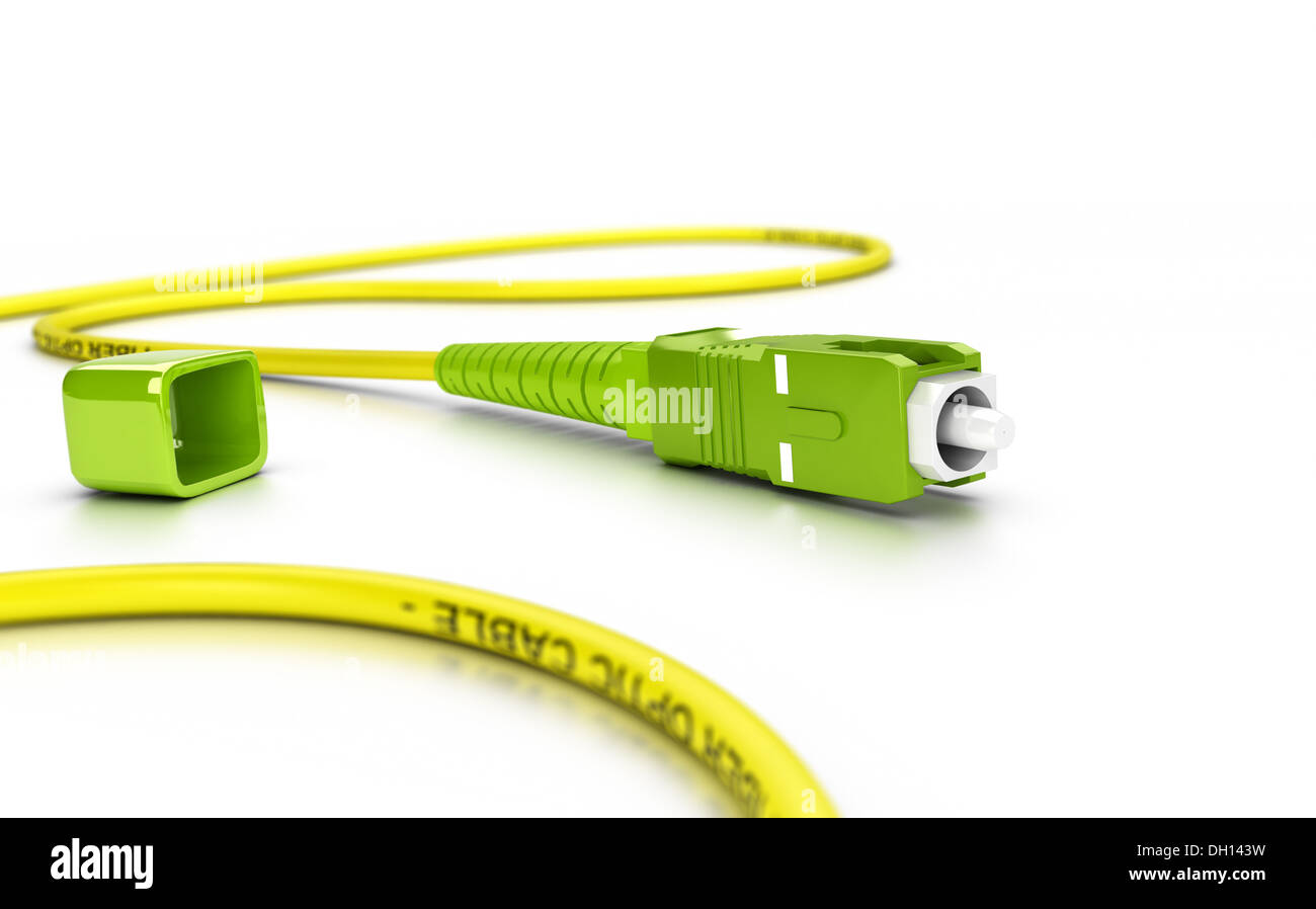 Nahaufnahme eines LWL-Patchkabel über weißen Hintergrund mit blur Effekt Stockfoto