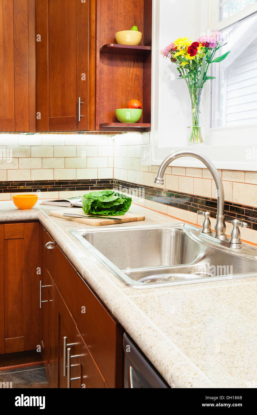 Waschbecken und Schränke in Küche Stockfoto