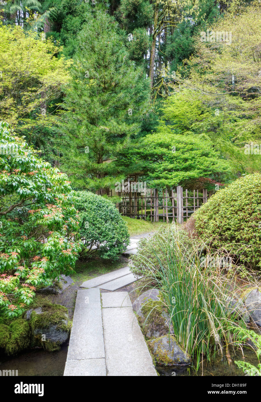 Fußgängerbrücke in japanischer Garten, Portland, Oregon, Vereinigte Staaten von Amerika Stockfoto