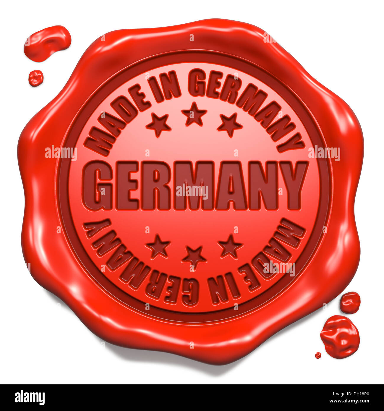 Made in Germany - Stempel auf Siegel aus rotem Wachs. Stockfoto