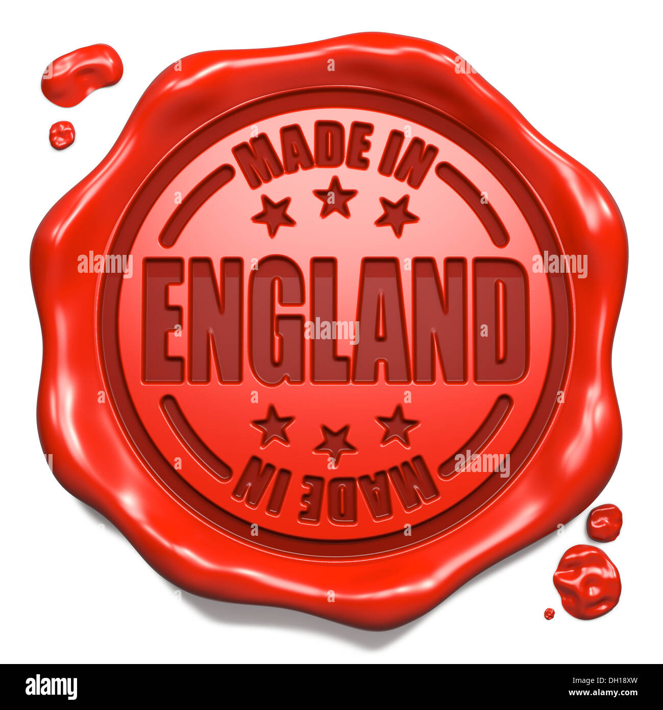 Made in England - Stempel auf Siegel aus rotem Wachs. Stockfoto