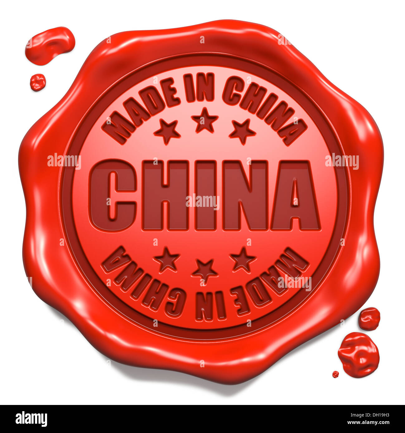 Made in China - Stempel auf Siegel aus rotem Wachs. Stockfoto