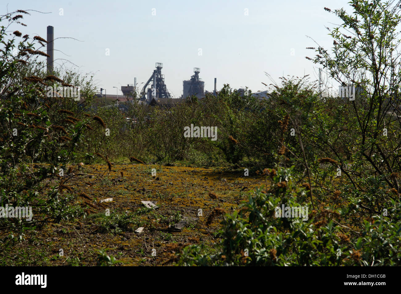 Eine Brachfläche in Port Talbot, South Wales mit Tata Stahlwerk im Hintergrund Stockfoto