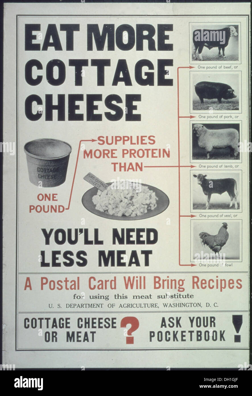 Essen Sie mehr Hüttenkäse... Sie benötigen weniger Fleisch... Eine Postkarte wird Rezepte bringen... Hüttenkäse oder Meat5E Fragen... 512542 Stockfoto
