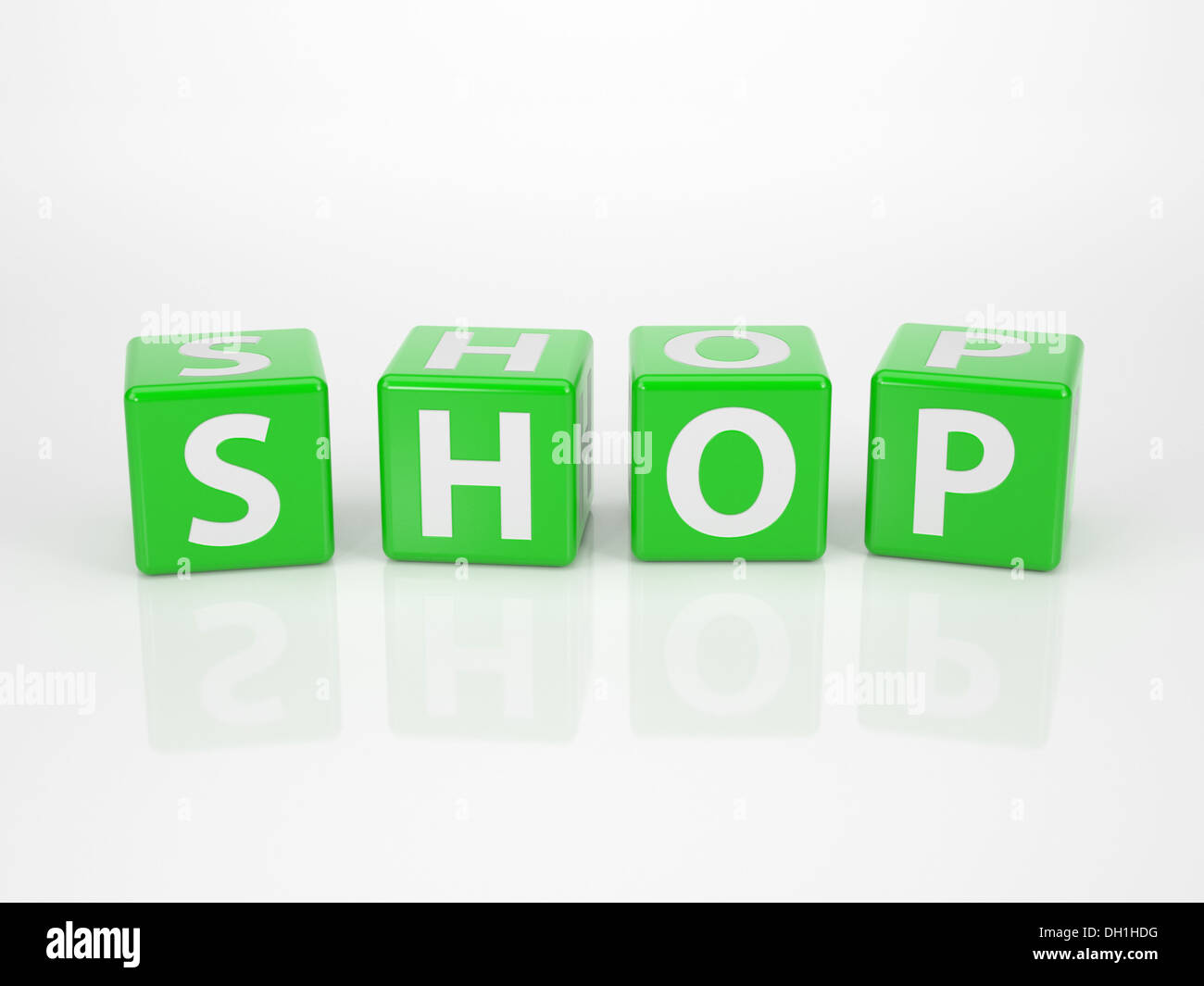 Shop aus grünen Buchstaben-Würfel Stockfoto