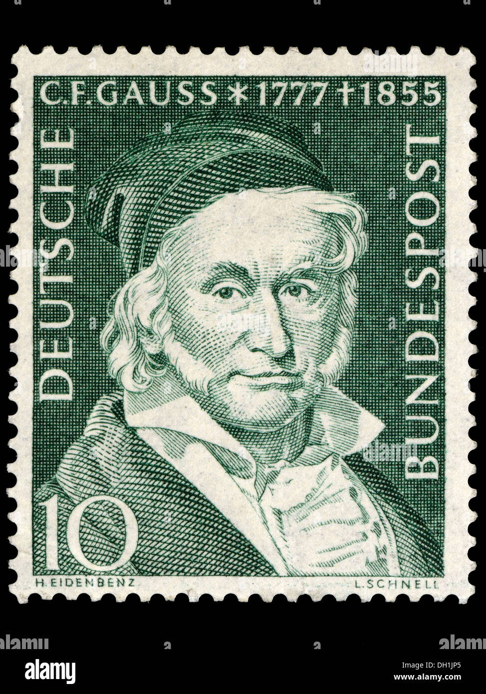 Porträt von Johann Carl Friedrich Gauß (1777-1855: deutscher Mathematiker und Wissenschaftler) auf Deutsche Briefmarke. Stockfoto