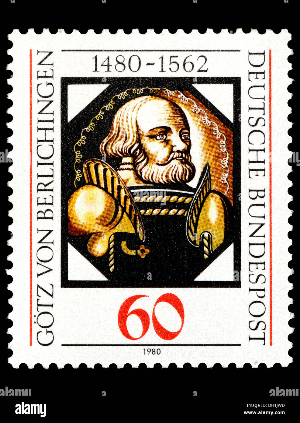 Porträt des Götz von Berlichingen (c1480-1562: Deutsche kaiserliche Ritter und Söldner) auf Deutsche Briefmarke. Stockfoto
