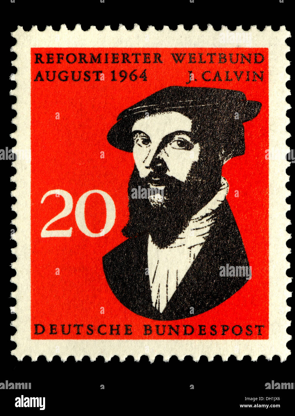 Porträt von John Calvin (1509-64: French Theologen / Pfarrer während der Reformation) auf Deutsche Briefmarke. Stockfoto