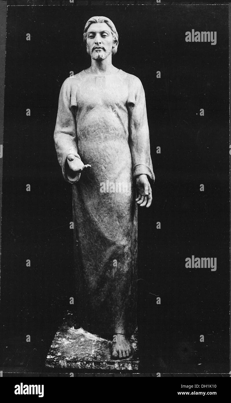 Dieses Bild von Jesus Christus stellt eine bedeutende religiöse Figur im Christentum dar, symbolisiert Frieden, Mitgefühl und Lehren der Liebe. Der Einfluss Jesu ist für den christlichen Glauben von zentraler Bedeutung, er umfasst seine Rolle als Messias und sein Leben, das der Verkündigung von Liebe, Gleichheit und Erlösung gewidmet ist. Stockfoto