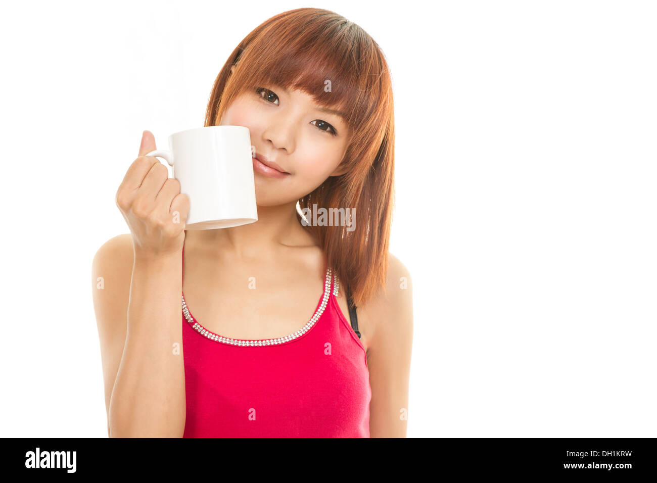 Chinesische Frau mit weißen Kaffeetasse Stockfoto