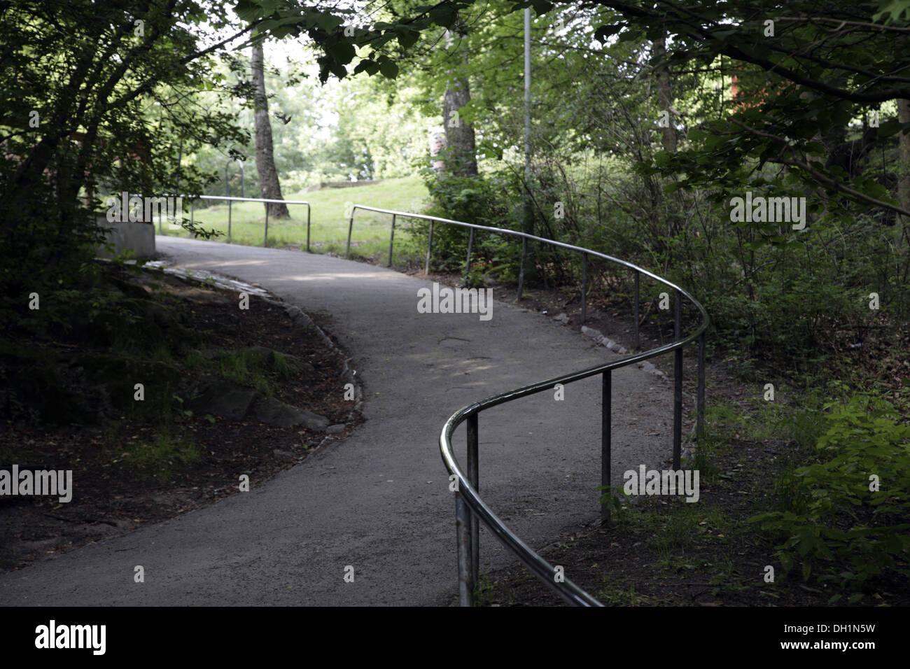 Gekrümmte Straße mit Stahl Geländer im Wald in Schweden Europa Stockfoto