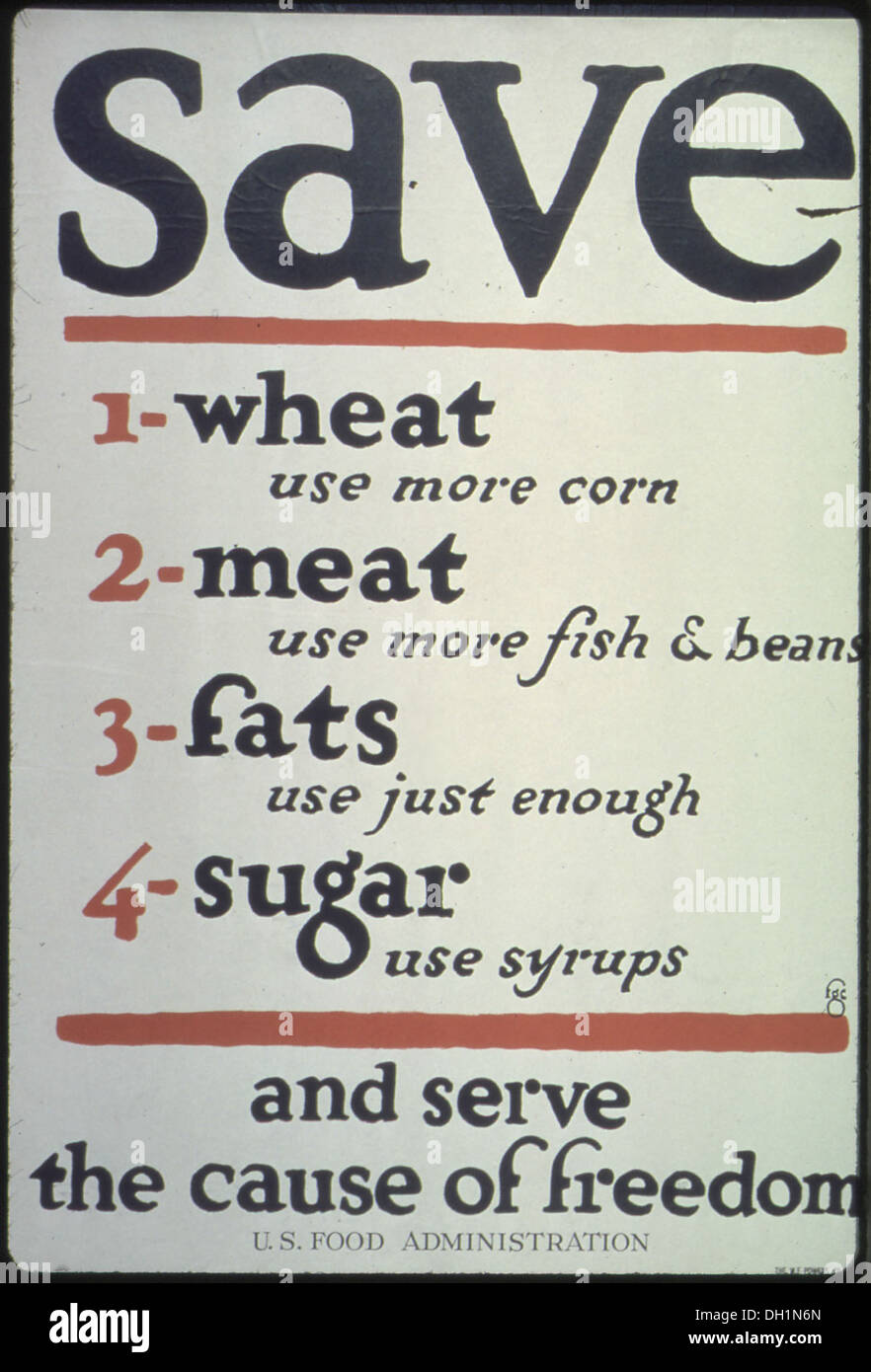 Ein Poster der US-Regierung, das gesunde Ernährung während des Krieges fördert und den Bürgern Ratschläge gibt, wie man Ressourcen schont und gleichzeitig eine ausgewogene Ernährung erhält. Stockfoto