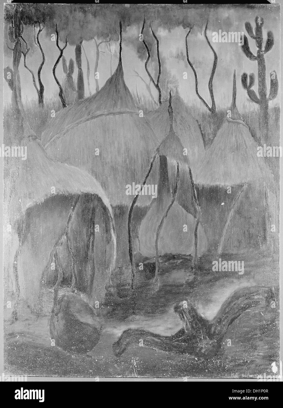 Ein Bild, das eine verlassene Hütte darstellt und die Überreste einer einst bewohnten Struktur zeigt. Die Hütte steht als Symbol der vergangenen menschlichen Präsenz in der Gegend, heute leer und den Elementen überlassen. Stockfoto