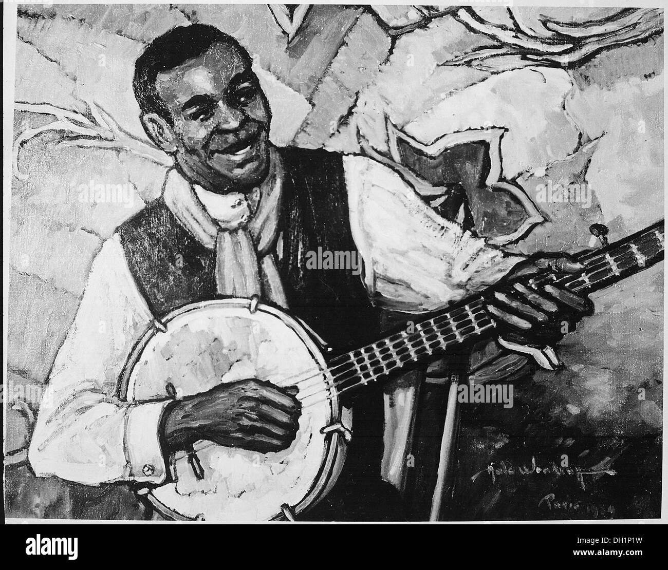 Ein Porträt eines Banjospielers, das das Wesen der traditionellen Musik und die kulturelle Bedeutung des Instruments in der amerikanischen Volksmusik feststellt. Stockfoto