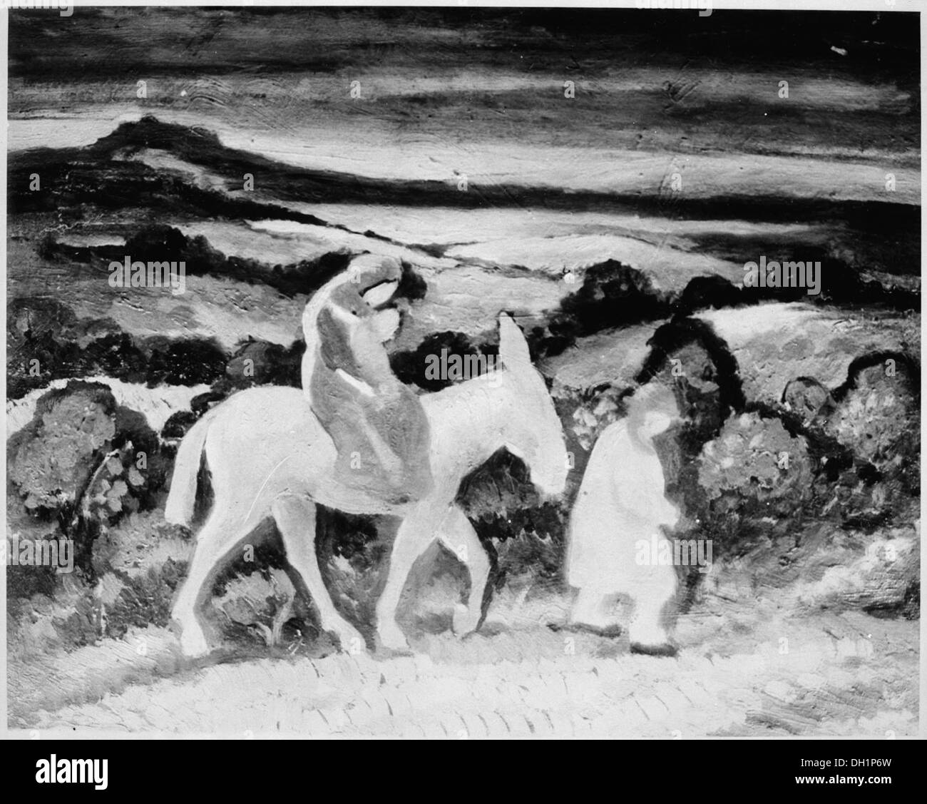 Eine Darstellung der Flucht nach Ägypten, ein biblisches Ereignis, bei dem Maria, Josef und das Jesuskind nach Ägypten flohen, um dem Erlass des Königs Herodes zu entkommen. Stockfoto