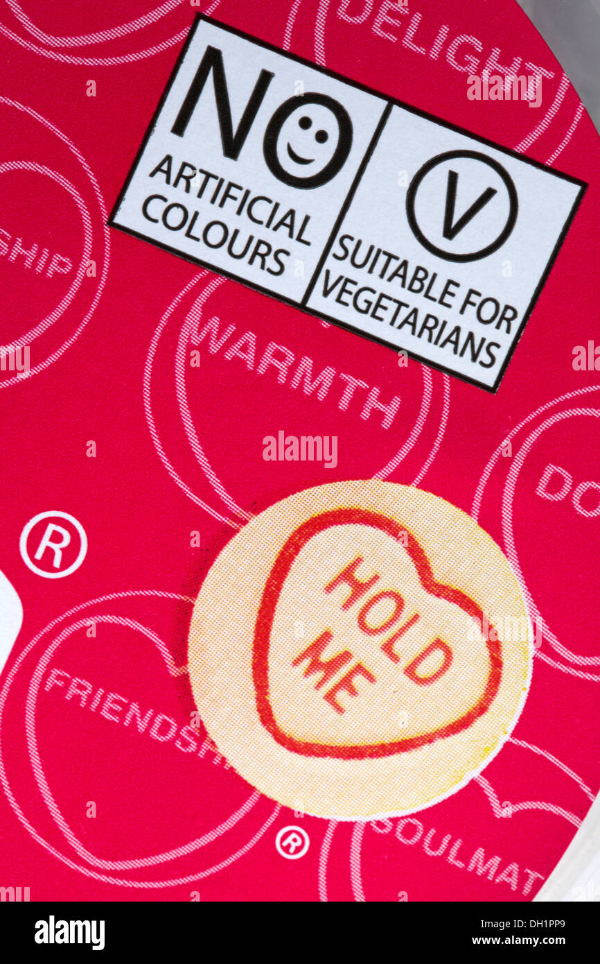 Keine künstlichen Farben und für Vegetarier geeignet Informationen über Behälter von Swizzels Matlow love hearts - liebherz Süßigkeiten Stockfoto