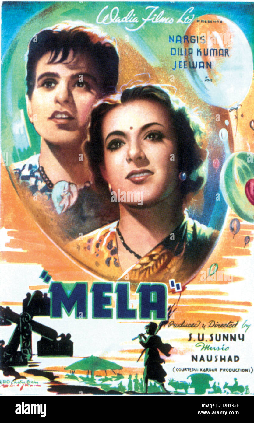 Indisches bollywood hindi Filmplakat von Mela, Wadia Films, Nargis, Dilip Kumar, Jeewan, Naushad, USA Sonnig, Indien, alter Jahrgang 1900s Bild Stockfoto