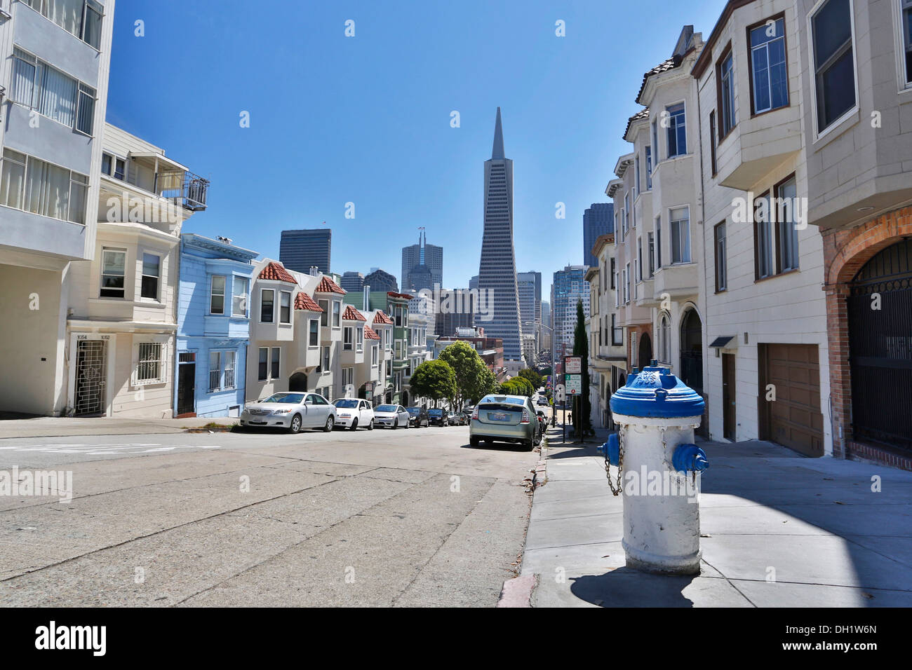 Telegraph Hill Viertel mit Blick auf die Transamerica Pyramid, San Francisco, Kalifornien, USA Stockfoto