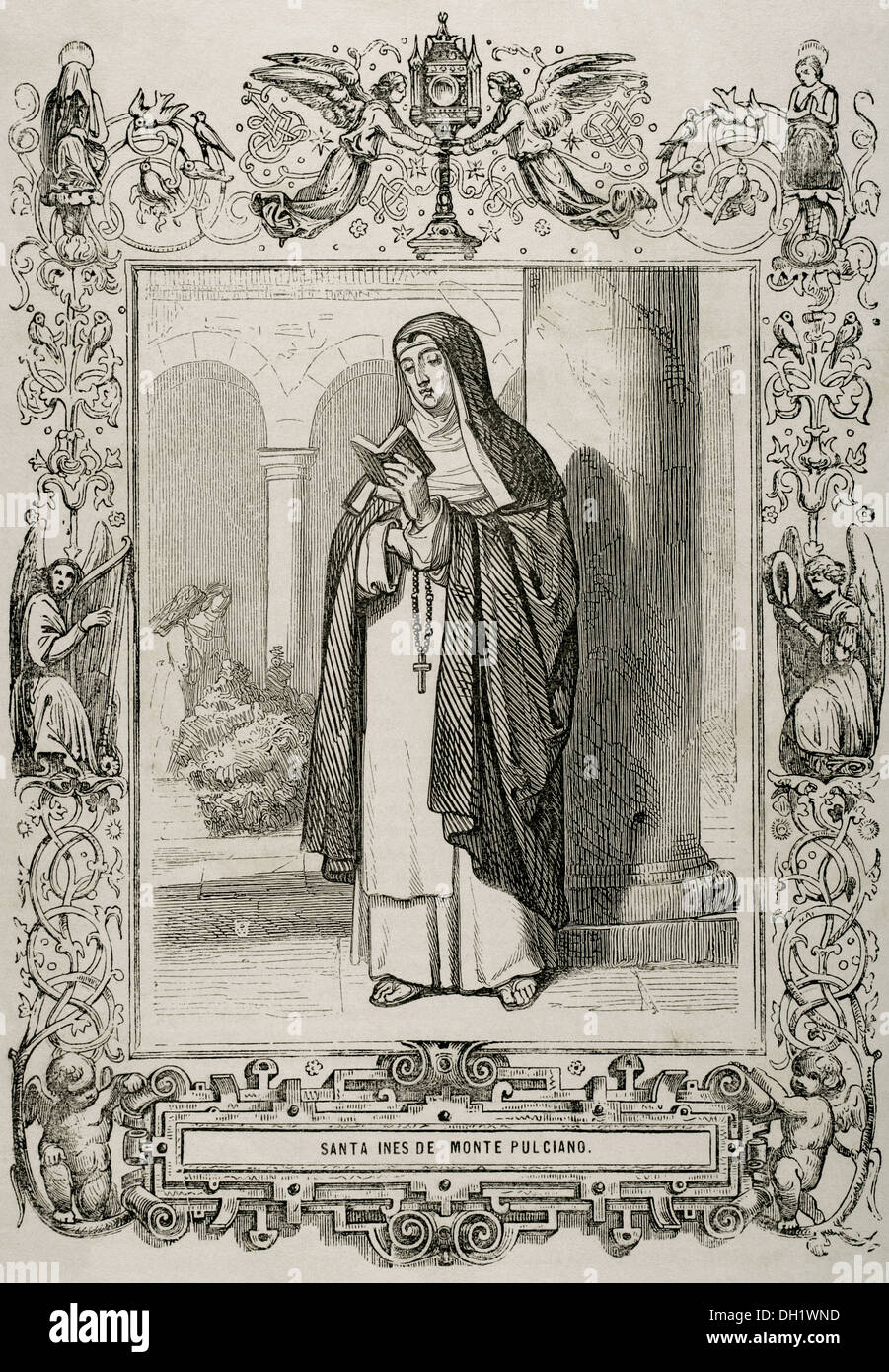 Heilige Agnes von Montepulciano (1268-1317). Dominikanische Priorin. Kupferstich von Capuz. Das christliche Jahr 1852. Stockfoto