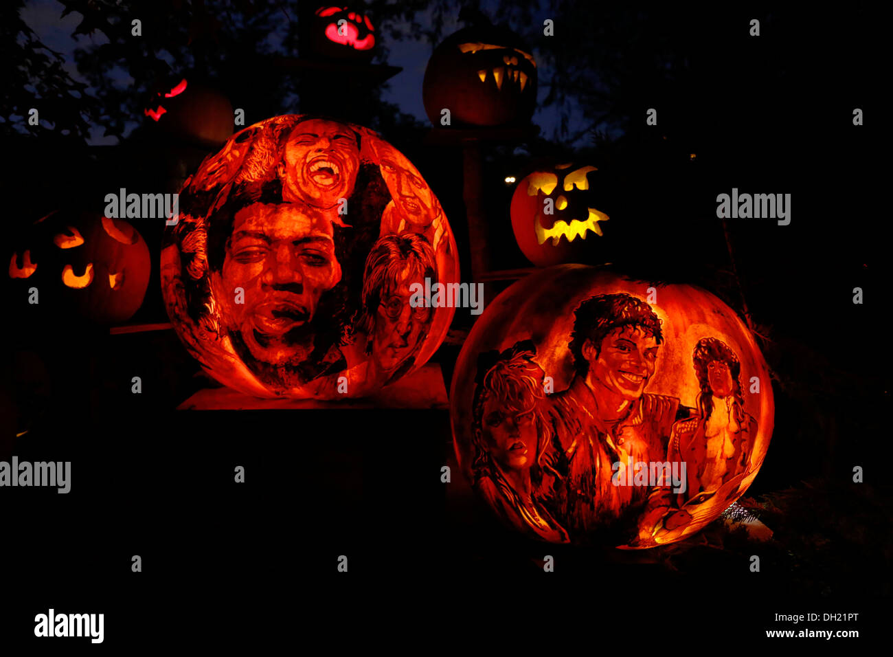 Jack o ' Lantern, Event vor Halloween mit Bildern von bekannten Musikern, Providence, Rhode Island, USA Stockfoto