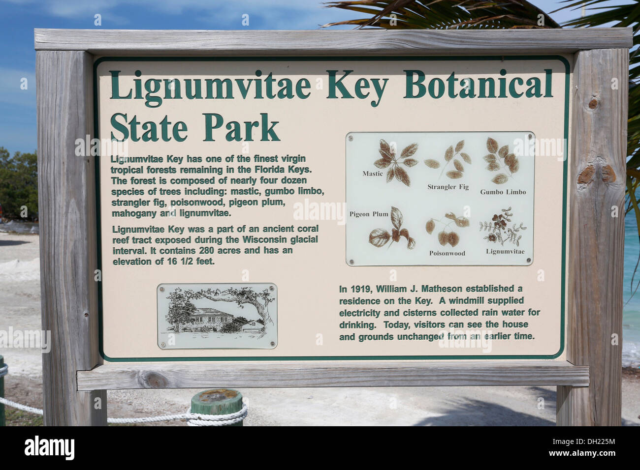 Zeichen, Lignumvitae Key Botanical State Park, Lignumvitae Key, Florida Keys, Florida, Vereinigte Staaten von Amerika Stockfoto