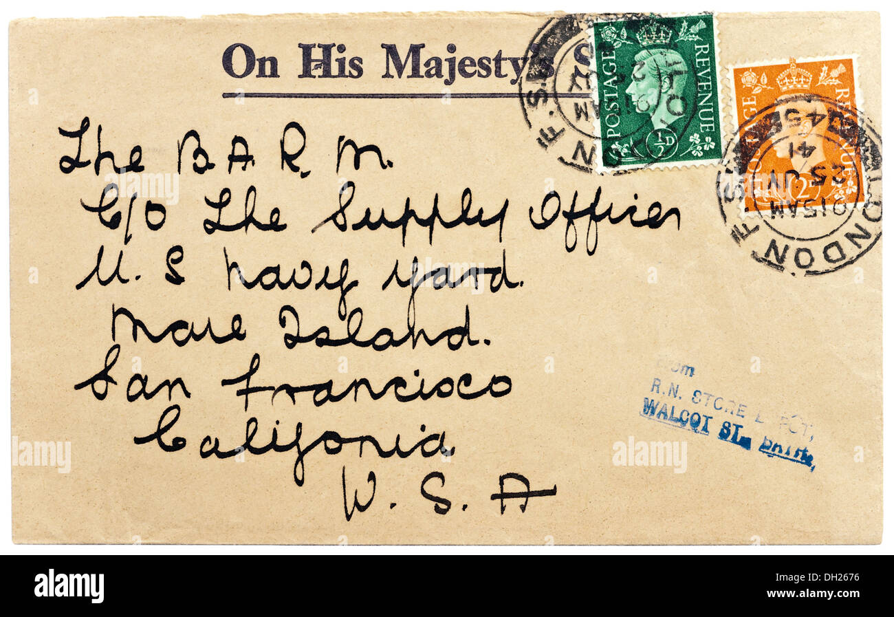 1941 britische O.H.M.S. Umschlag mit König George VI Briefmarken an Naval Dockyard, San Francisco, USA gerichtet. Stockfoto