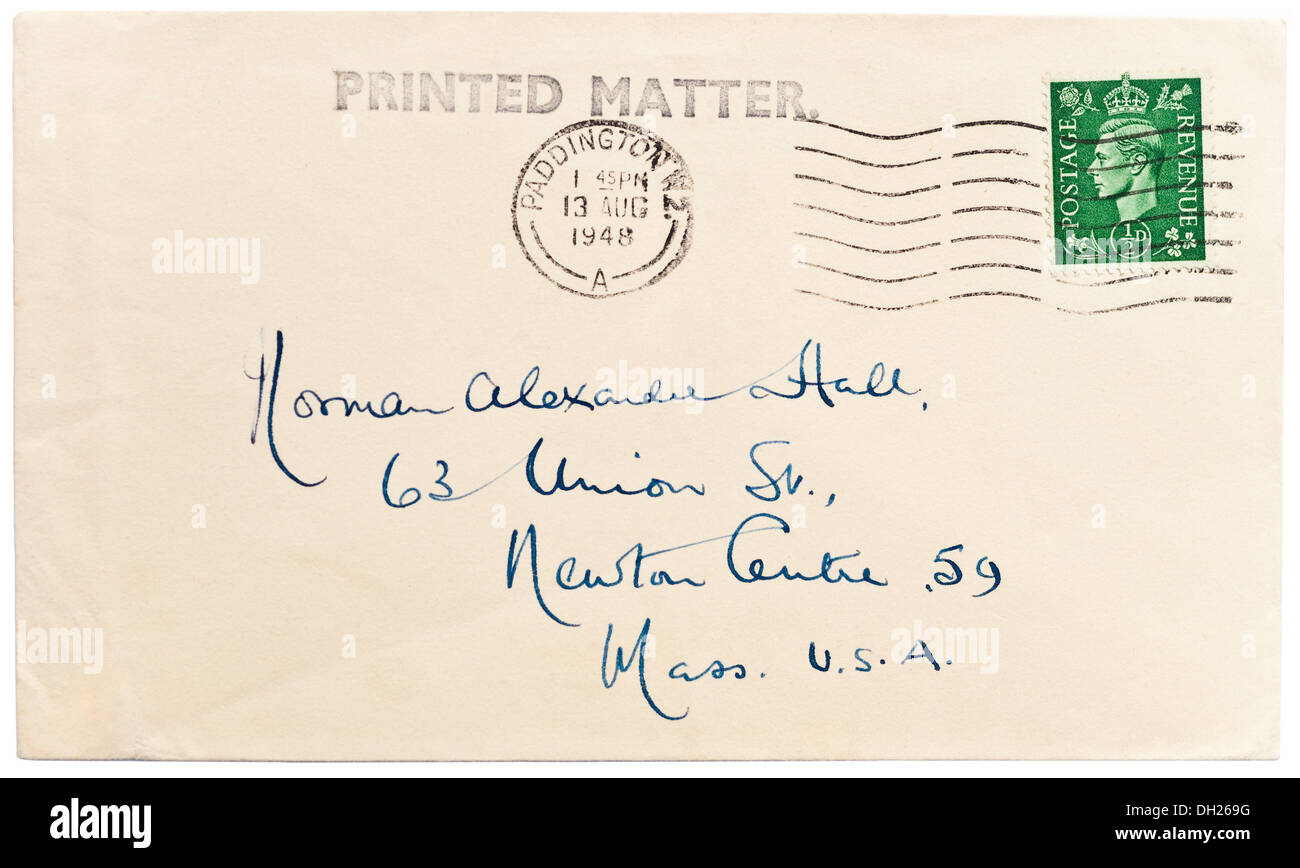 1948 adressierten britische "Printed Matter" Umschlag mit König George VI Halfpenny Stempel Amerika. Stockfoto