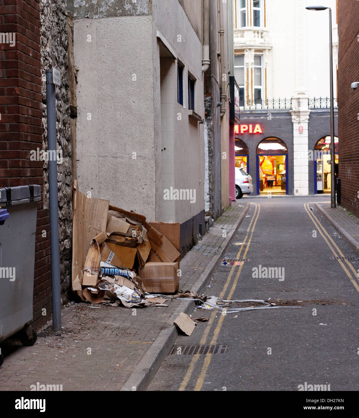 Müll und Abfall in einer Seitenstraße in Weston super Mare, North Somerset, 13. Oktober 2013 Stockfoto