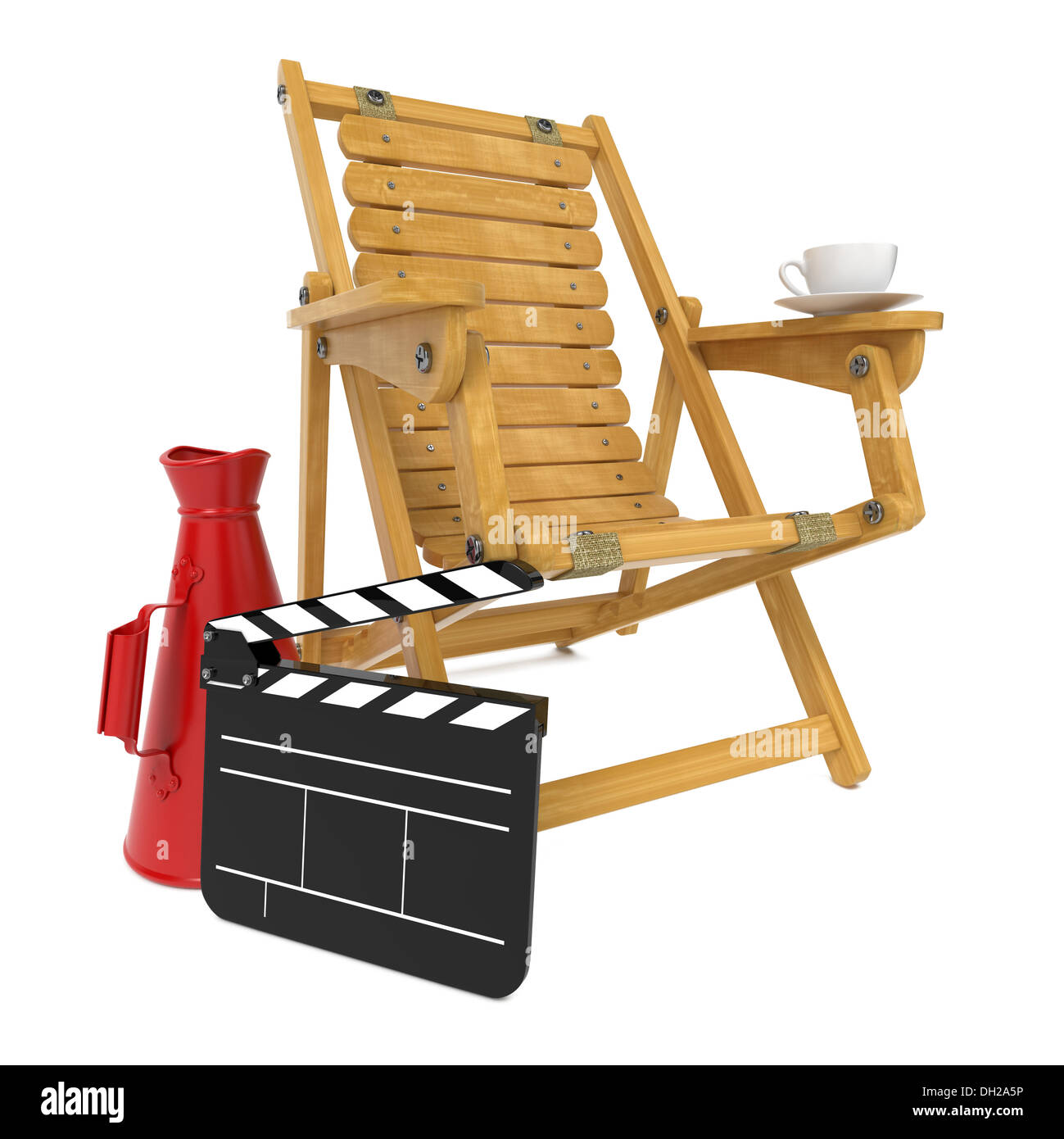 Regiestuhl mit Clap Board und Megaphon. Stockfoto