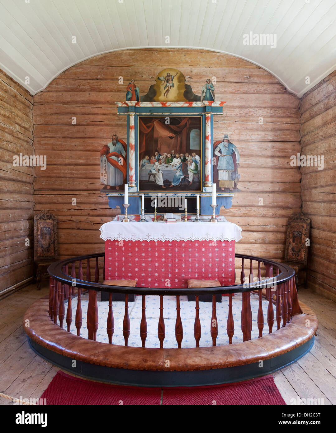 Flakstad Kirke, der rote Stab Kirche Flakstad, Holzkirche, Interieur, Flakstad, Flakstadøy, Lofoten, Nordland, Norwegen Stockfoto