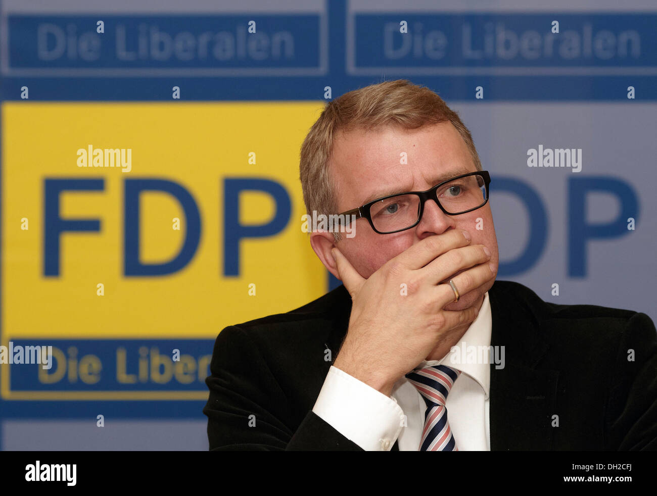 Euro-Kritiker Frank Schaeffler, Parlamentsmitglied für FDP, FDP, bei einer Diskussionsveranstaltung, Plaidt Stockfoto