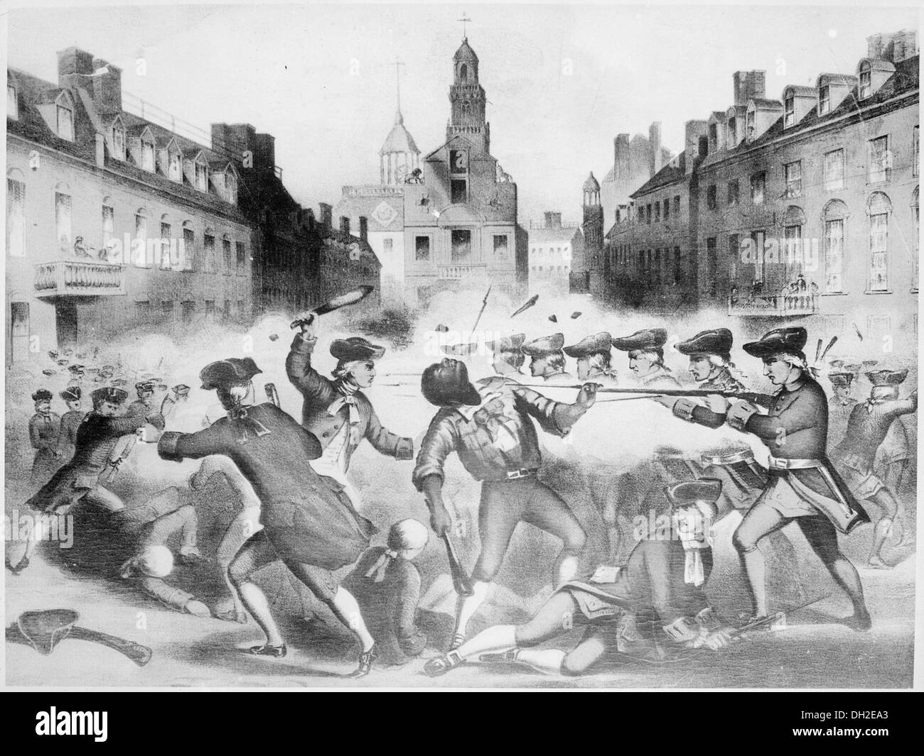 Dieses Bild zeigt das Boston Massaker, ein bedeutendes Ereignis in der amerikanischen Geschichte am 5. März 1770, bei dem britische Soldaten während einer Konfrontation in Boston fünf Kolonisten töteten. Stockfoto