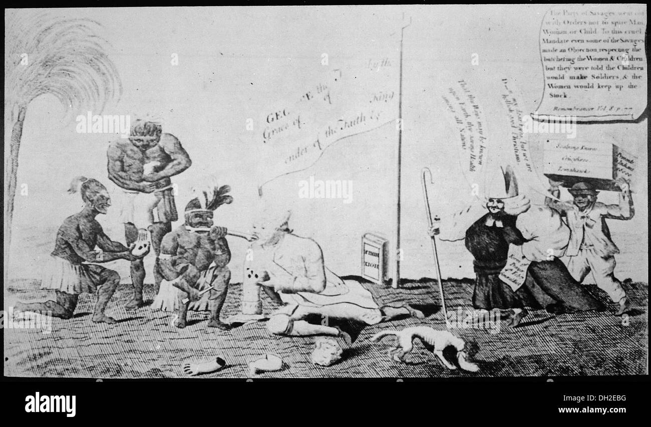 Ein britischer Zeichentrickfilm aus der Zeit um 1780, in dem König Georg III. Den Einsatz der Indianer im Konflikt kritisiert. Die Illustration spiegelt die britischen Ansichten über die Rolle indigener Gruppen im Krieg wider. Stockfoto