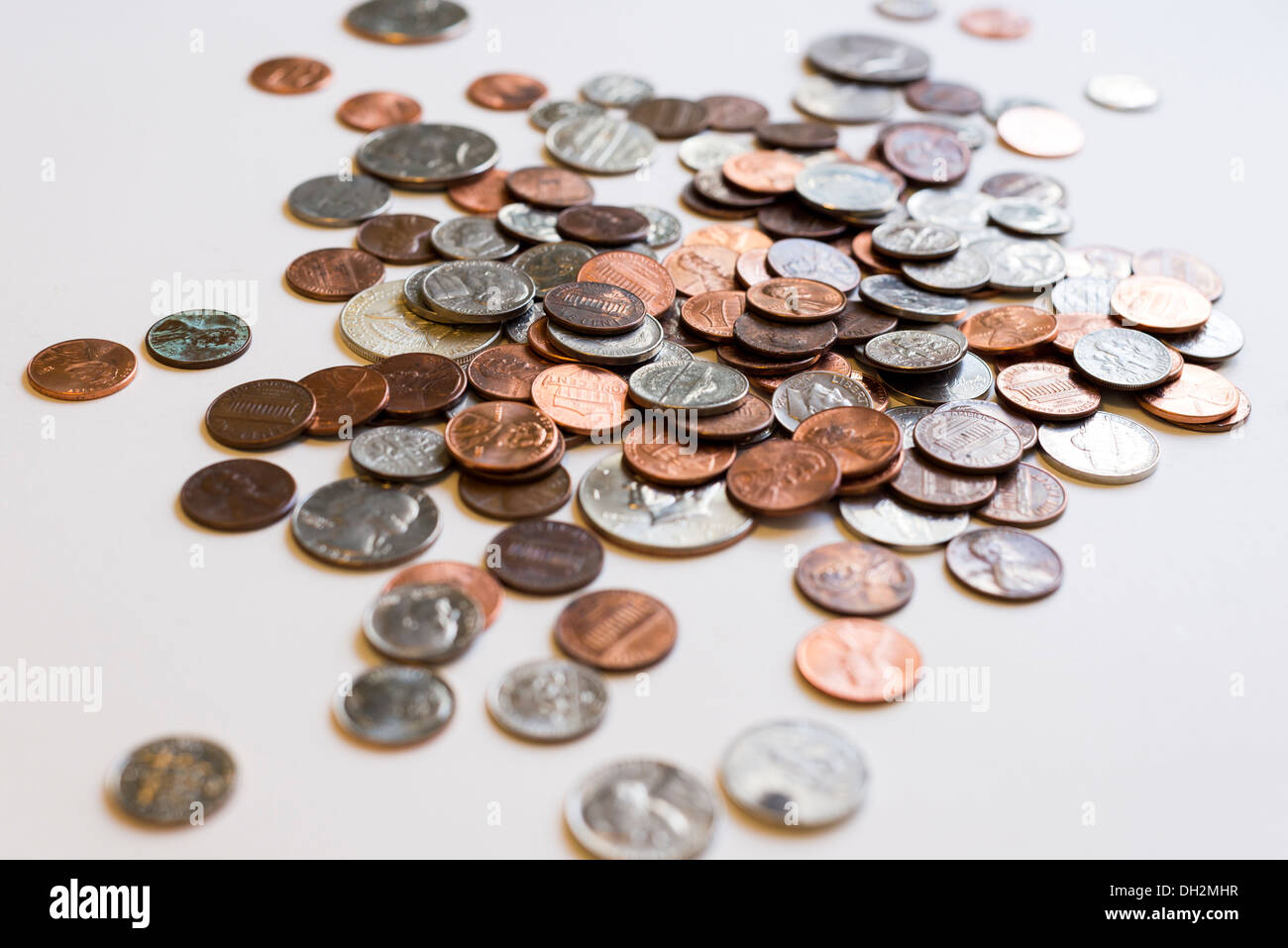 Eine Nahansicht des lose Münzen (US-Währung). Stockfoto