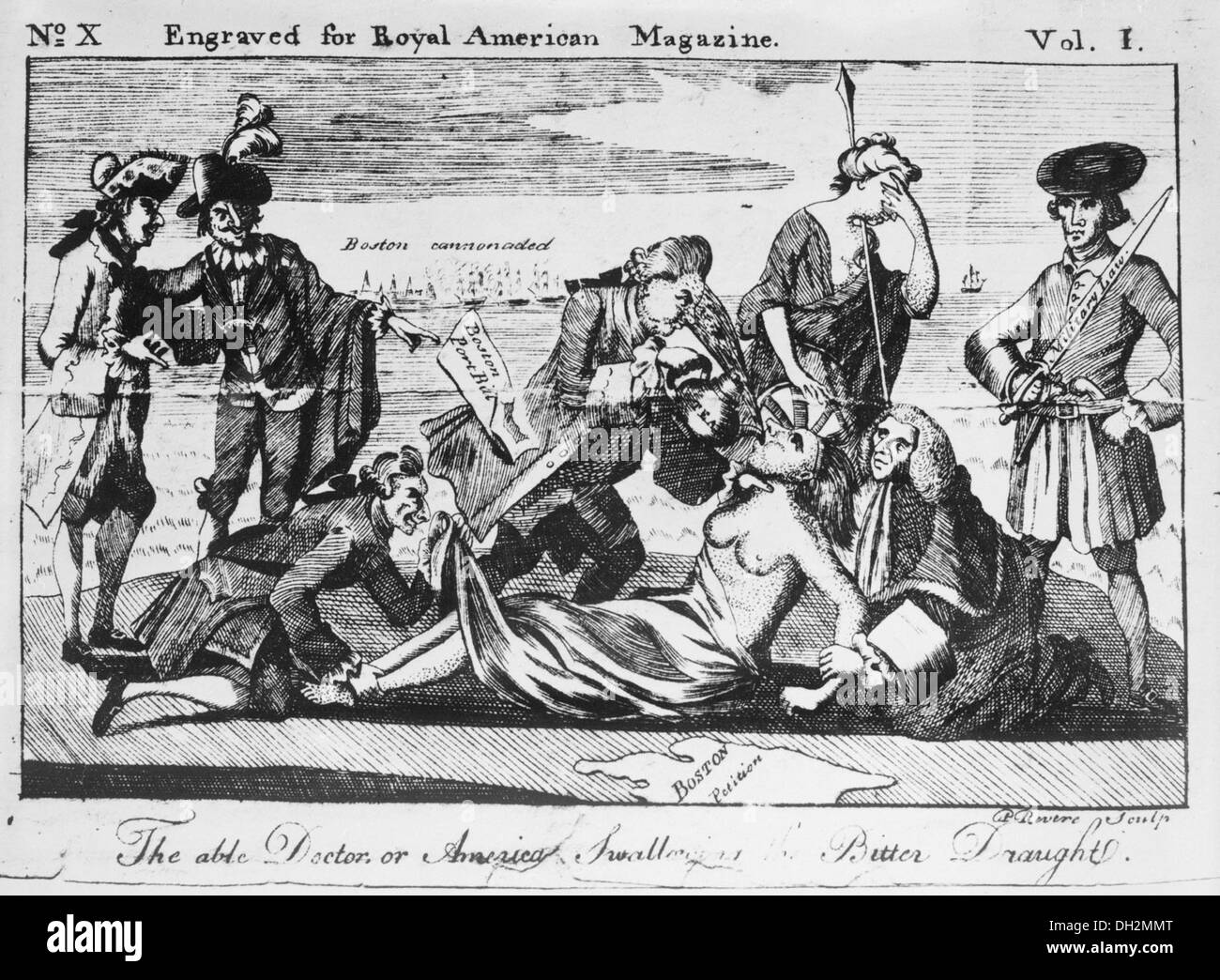 Diese Gravur mit dem Titel „The able Doctor, or America swallowing the Bitter Draft“ veranschaulicht die politische Satire der 1770er Jahre und repräsentiert die Schwierigkeiten, denen die amerikanischen Kolonien unter britischer Herrschaft gegenüberstanden. Stockfoto