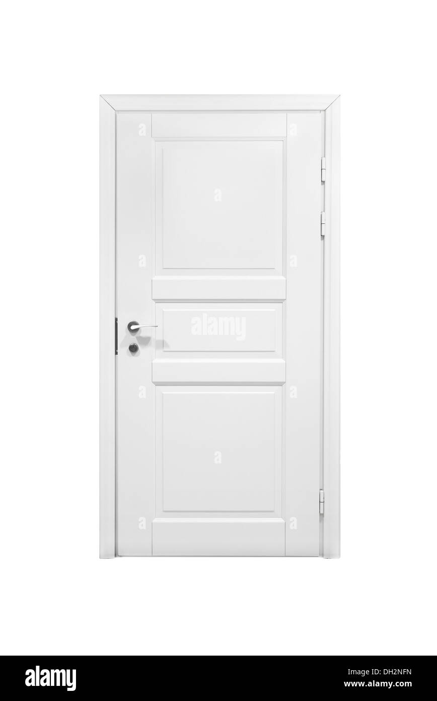 Klassische geschlossene Holztür isoliert auf weißem Hintergrund Stockfoto