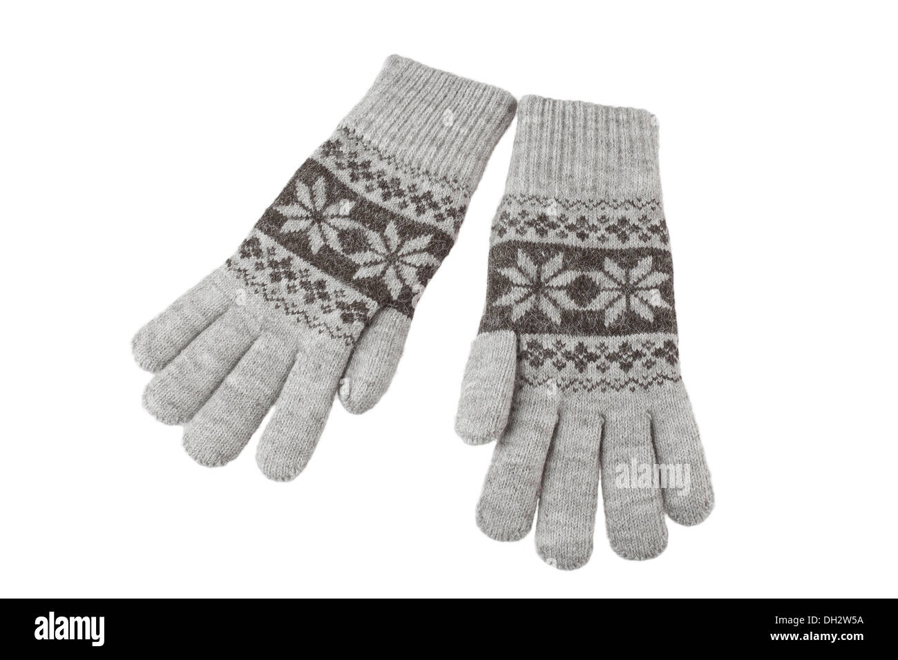 gestrickte wollene Handschuhe isoliert auf weißem Hintergrund Stockfoto