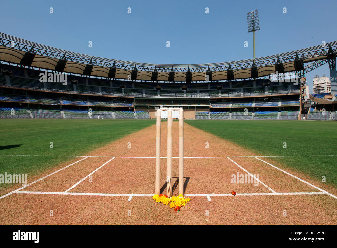 Cricket stolps and pitch Wankhede Stadium Bombay Mumbai Maharashtra Indien Asien Asiatisch Indisch Stockfoto