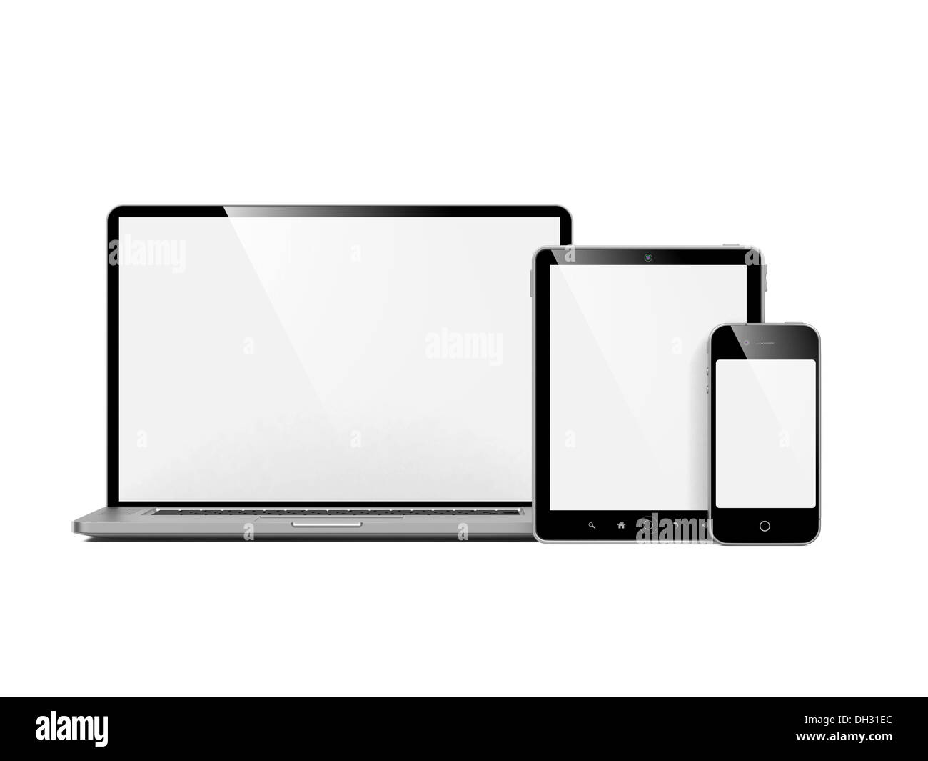 Computer, Laptop und Handy auf weiß. Stockfoto