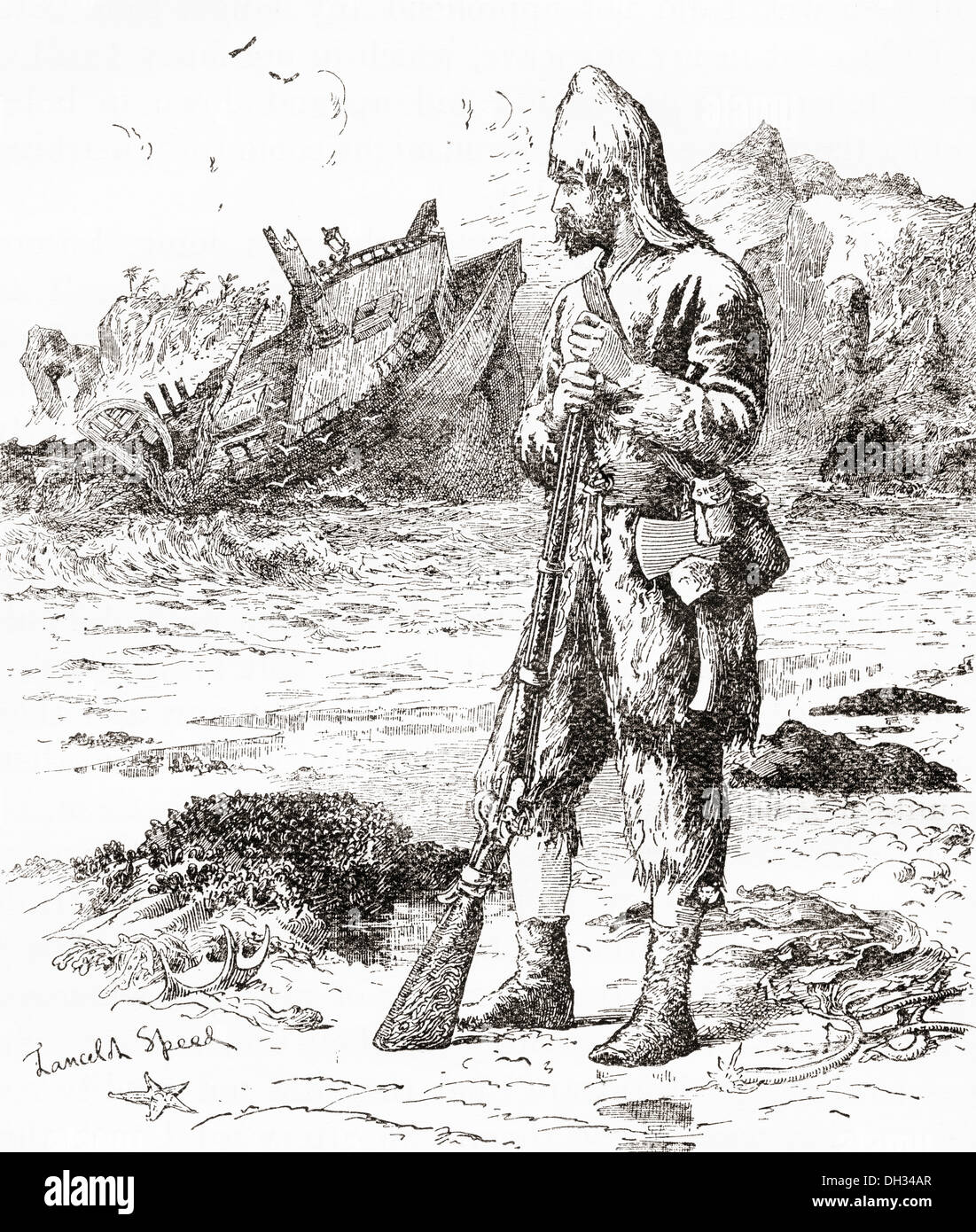 Robinson Crusoe auf der einsamen Insel nach dem Schiffbruch. Stockfoto