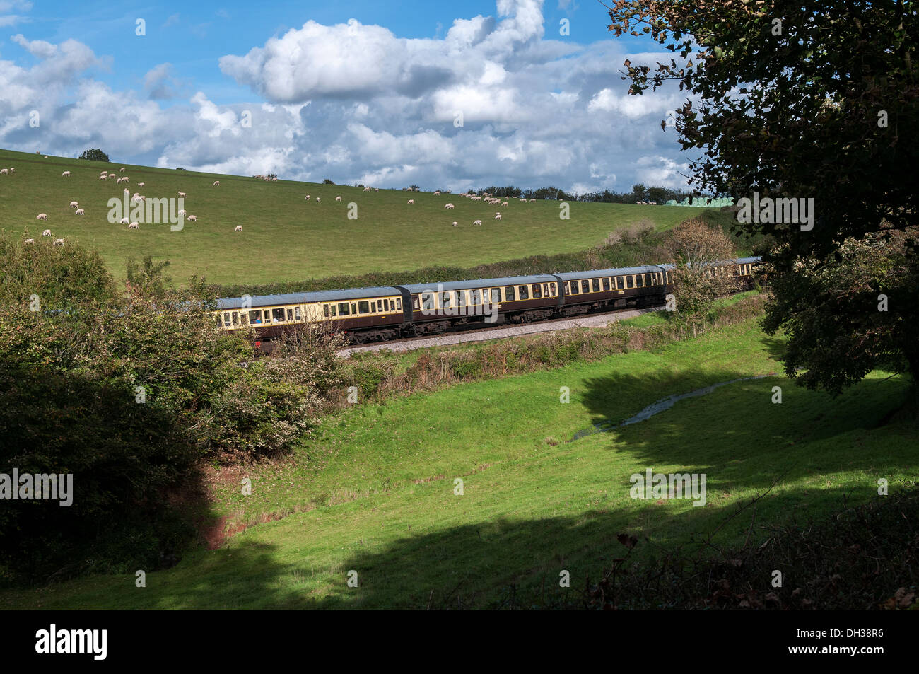 Dampfzug in der Nähe von Greenway Einhalt zu Gebieten, Devon, Attraktion, Schiene, Motor, Tourist, Eisenbahn, Bahnhof, Vintage, Lokomotive, nostalgische Stockfoto