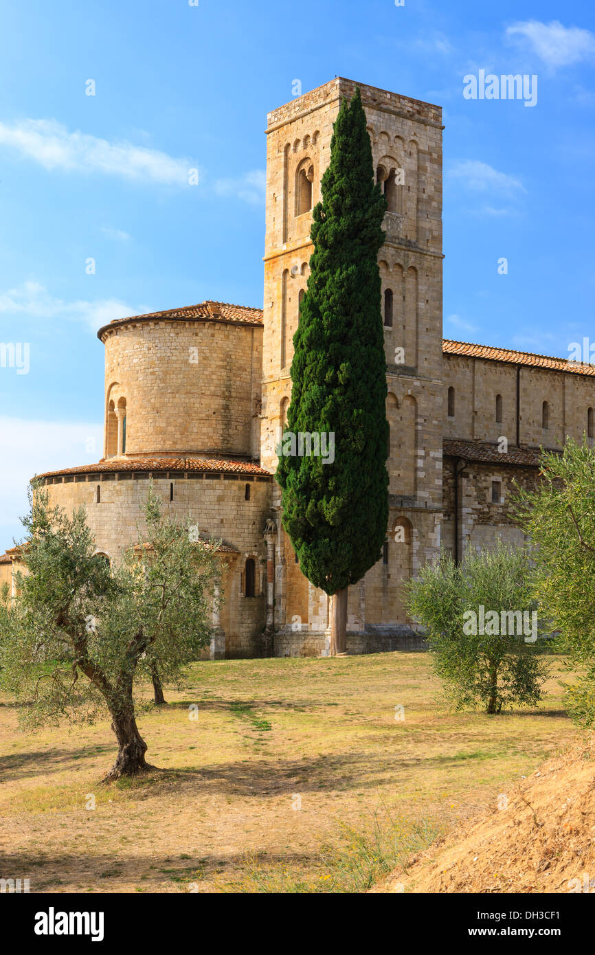 Die Abtei Sant'Antimo ist ein ehemaliges Benediktinerkloster in der Comune von Montalcino, Toskana, Mittelitalien Stockfoto